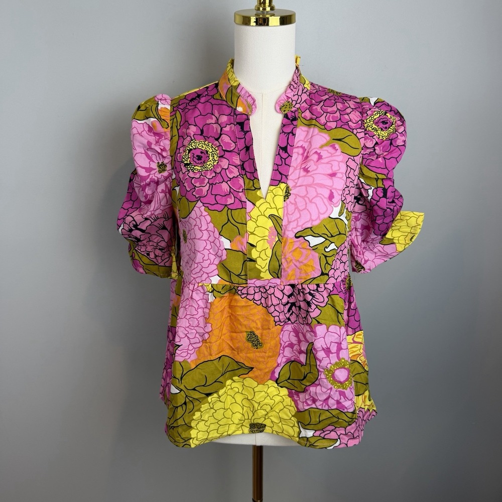 THML Floral Blouse Womens Small Pink Yellow Puff Ruched Short Sleeve
